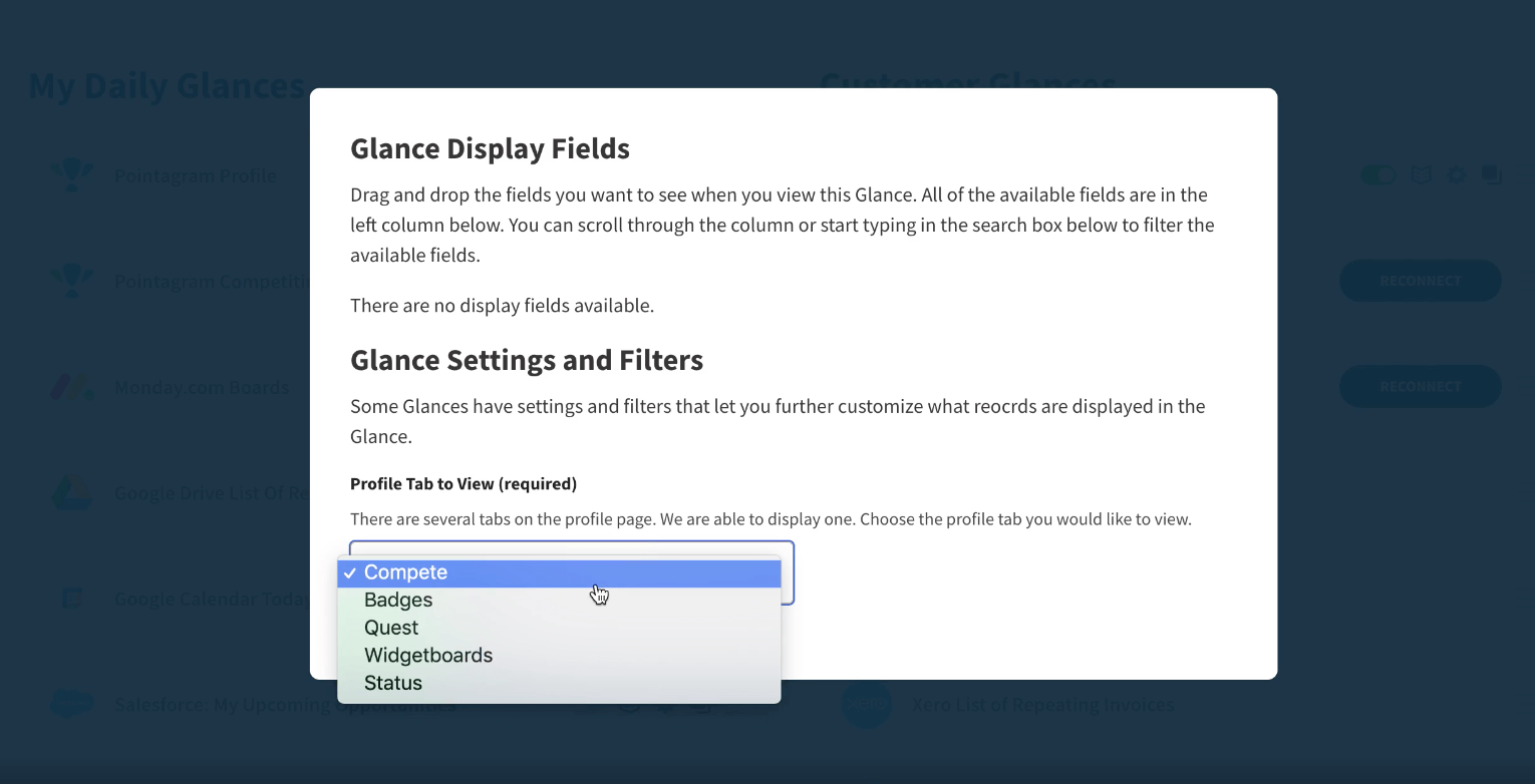 Screenshot of the Glances & Pointagram setup page